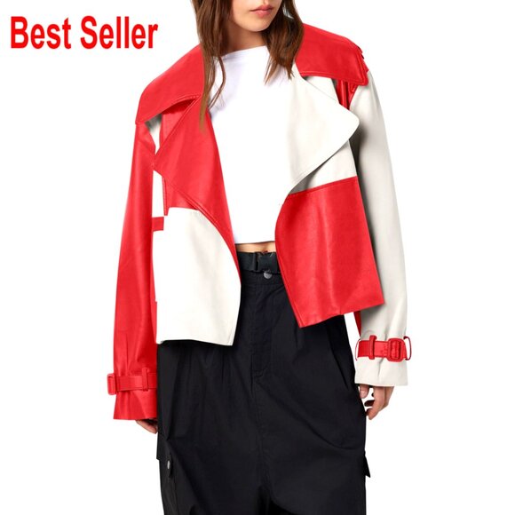 Oversized Cropped Leather Jacket with Color Block Design Side Pockets